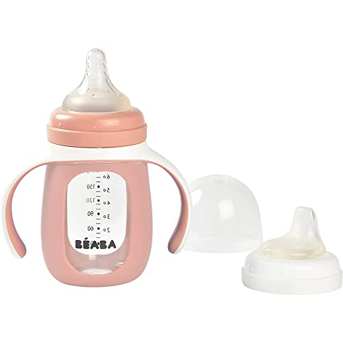 Béaba , 2 in 1 Tazza/Biberon da Allenamento, Vetro, Copertura in Silicone, Forte, Sano, 100% Impermeabile, Maniglie Rimovibili, 210ml, Rosa