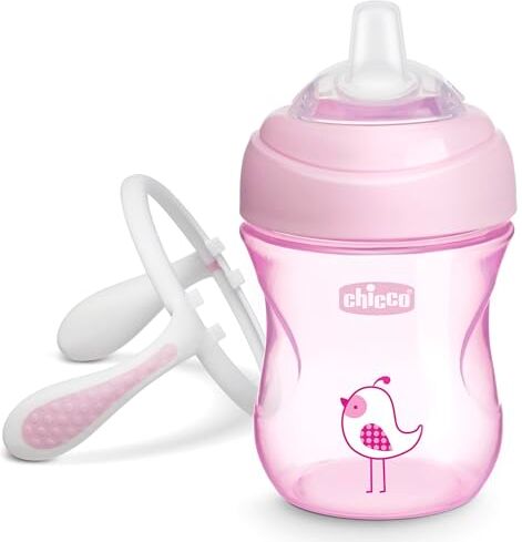 Chicco Transition Cup Bicchiere Antigoccia per Bambini 200ml, 1 Tazza Biberon 4+ Mesi per Imparare a Bere, con Beccuccio Ergonomico in Silicone, Doppia Valvola Anticolica, senza BPA Rosa