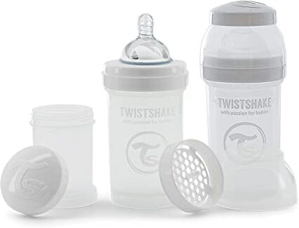 Twistshake 2x Biberon Anticolica Con Contenitore Per Il Latte In Polvere E Miscelatore 180ml   Capezzolo In Silicone A Flusso Lento   Biberon Senza BPA   0+ Mesi   Bianco