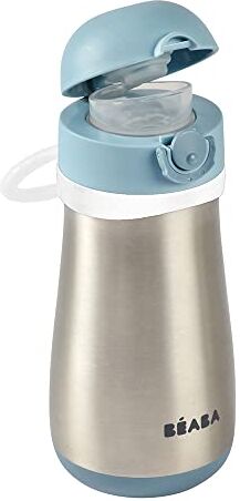 Béaba , 2 in 1 Bottiglia in Acciaio Inossidabile Bambini, Funzione Bottiglia/Bicchiere, Pulsante Facile Apertura, Solido, Sano, Maniglie Rimovibili, Acciaio Inossidabile Freddo/Caldo, 350ml, Blu Vento