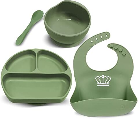 Miracle Baby Set Pappa Svezzamento Silicone Piatto con Ventosa per Bambini Ciotola Antiscivolo Bavaglino et Cucchiaino Set Prima Pappa per Neonato, Senza BPA e Anti Odore, Verde