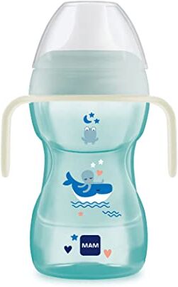 MAM Fun to Drink Cup Night, con Manici che si Illuminano al Buio e Beccuccio Rigido, 8+ Mesi, 270 ml, Azzurro