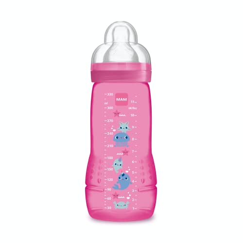 MAM Easy Active, biberon 2a età, 330 ml, 6+ mesi, tettarella a flusso X, velocità rapidissima, rosa