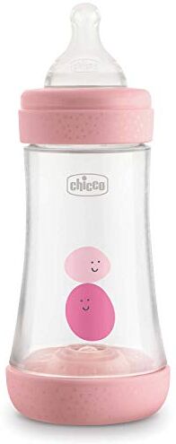 Chicco PERFECT 5 Biberon Anticolica 240 ml, Biberon Flusso Medio 2 Mesi + con Tettarella in Morbido Silicone, Biberon Biofunzionale con Intui-flow System da 240 ml, Rosa