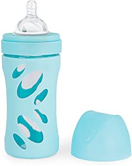 Twistshake Biberon in Vetro con Tettarella Rotonda con Silicone Sistema Anti-Coliche Flusso Medio, Latte Bottiglia di Bevanda per L'Alimentazione con Apertura Ampia, 260 ml, 2 + Mesi, Blu Pastello