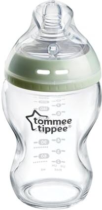 Tommee Tippee Biberon in Vetro Closer to Nature, Tettarella Simile al Seno a Flusso Lento con Valvola Anticolica, 250ml, Confezione da 1, Trasparente