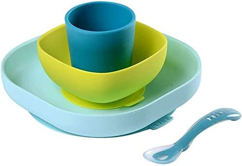 Béaba Set Pappa in Silicone, 4 Pezzi : Piatto + Scodella + Ciotola + Cucchiaino Svezzamento, Antiscivolo : con Ventosa, per Bambini e Neonato, Blu