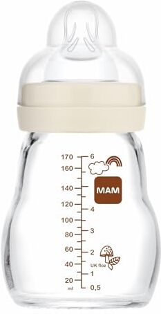 MAM Feel Good A161 Biberon in vetro con tettarella 1 brevettata SkinSoftTM silicone ultra morbido per neonati da 0 mesi, 170 ml, neutro