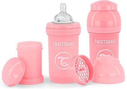 Twistshake 2x Biberon Anticolica Con Contenitore Per Il Latte In Polvere E Miscelatore 180ml   Capezzolo In Silicone A Flusso Lento   Biberon Senza BPA   0+ Mesi   Rosa