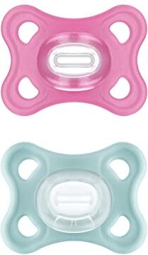 MAM Ciuccio Comfort in set da 2 pezzi, particolarmente piccolo e leggero, per neonati in 100% silicone, con tettarella morbida  SkinSoft e scatola per ciuccio, 0-6 mesi, rosa/menta