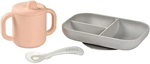 Béaba , Set Pasti per Bambini in Silicone, 3 Pezzi, Piatto Diviso + Tazza + Cucchiaio, Silicone Sano e Durevole, Lavabile in Lavastoviglie, Adatto a Microonde, Rosa