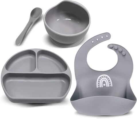 Miracle Baby Set Pappa Svezzamento Silicone Piatto con Ventosa per Bambini Ciotola Antiscivolo Bavaglino et Cucchiaino Set Prima Pappa per Neonato, Senza BPA e Anti Odore, Grigio