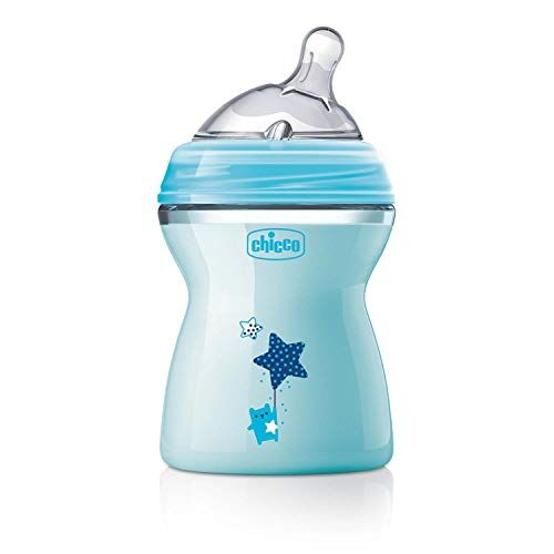 Chicco NaturalFeeling Biberon Anticolica 2+ Mesi, 250 ml, con Tettarella Inclinata in Morbido Silicone e Doppia Valvola, Allattamento Naturale e Istintivo, Celeste