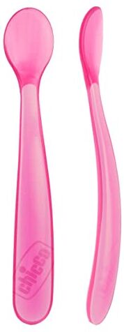 Chicco Cucchiaino Svezzamento in Silicone, Set 2 Cucchiai Morbidi per Neonati e Bambini, Delicati e Flessibili, con Impugnatura Ergonomica e Manico Lungo Curvato, 2 Pezzi 6+ Mesi, Rosa