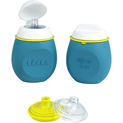 Béaba , Set di 2 biberon e porzioni, Baby/toddler, Tappo di sicurezza, 2 beccucci (1a e 2a età), Facile da pulire, Ergonomico, Divertente, Bocca larga, Babysqueez' & Squeez'Portio, 180 ml/180ml, Blu