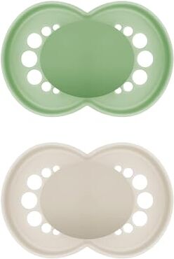 MAM Ciuccio originale in set da 2 pezzi, adatto ai denti, realizzato con materiali sostenibili e rinnovabili, tettarella in silicone  SkinSoft, con scatola per ciuccio, 16 mesi, verde/beige