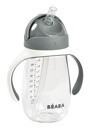 Béaba , Biberon/Tazza di apprendimento 2 in 1, Tazza con cannuccia per bambini, 100% a tenuta, Salvagoccia, Facile da aprire, Manici removibili, Tritan e Silicone, 300 ml, Grigio Minerale