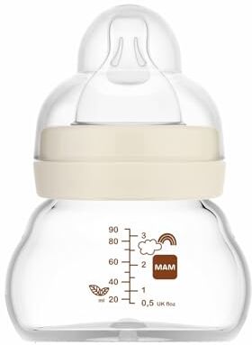 MAM Biberon Feel Good A158, Biberon in vetro, con tettarella 0 brevettata SkinSoftTM silicone ultra morbido per neonati da 0 mesi, 90 ml, neutro