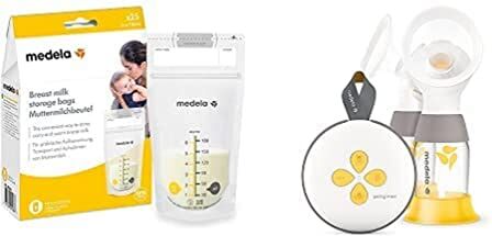 Medela Set di Sacche per la Conservazione del Latte Materno da 180 ml, Confezione da 25 Sacchetti per Raccolta, senza BPA con Doppia Chiusura+Tiralatte Elettrico Doppio