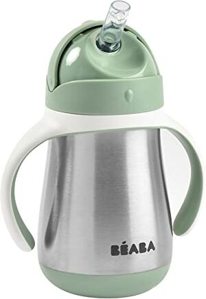 Béaba , Biberon/Tazza di Apprendimento 2 in 1, Tazza con cannuccia per Bambini, 100% a Tenuta, Salvagoccia, Facile da aprire, Manici Removibili, Inox, 250 ml, Verde salvia