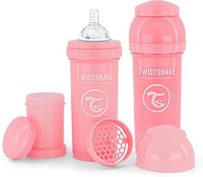 Twistshake 2x Biberon Anticolica Con Contenitore Per Il Latte In Polvere E Miscelatore 260ml   Tettarella In Silicone A Flusso Medio   Biberon Senza BPA   2+Mesi   Rosa