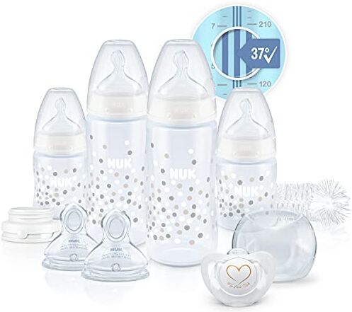 NUK Perfect Start First Choice+ Set Biberon   0-18 Mesi   4 x Biberon con Controllo Temperature, Ciuccio, Scovolino Bottiglie +   Sfiato anti-coliche   Senza BPA   bianca (neutro)   10 Pezi