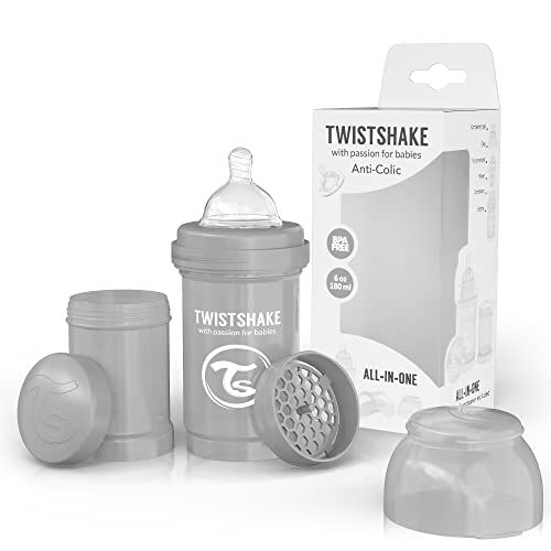 Twistshake Anticolica Biberon 180 ML, con Silicone Tettarella a Flusso Lento per Bambini da 0+ Mesi, Sigillato Contenitore, Senza BPA, Grigio Pastello