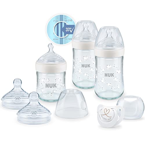 NUK Nature Sense Set di bottiglie di vetro   3 biberon in vetro   indicatore di controllo della temperatura   aspiratore e ciuccio Genius   0-6 mesi   bianco