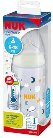 NUK First Choice+ Night Baby Bottle 6-18Months   Glow in The Dark   Temperature Control   Anti-Colic Valve   300ml   BPA Free   Silicone Teat