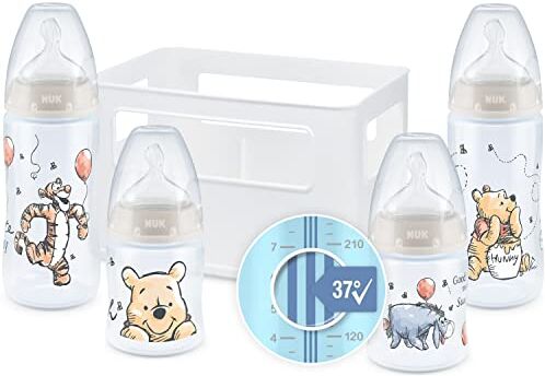 NUK First Choice+ Starter set biberon   0-6 mesi   4 biberon con controllo della temperatura e porta biberon   Sistema anti-colica   Senza BPA   Winnie the Pooh Disney