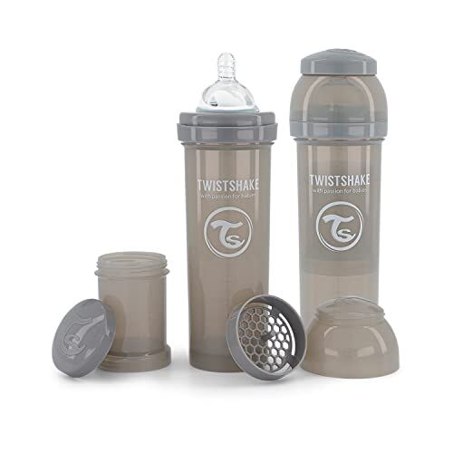 Twistshake 2x Biberon Anticolica Con Contenitore Per Il Latte In Polvere E Miscelatore 330ml   Tettarella In Silicone A Flusso Rapido   Biberon Senza BPA   4+Mesi   Grigio