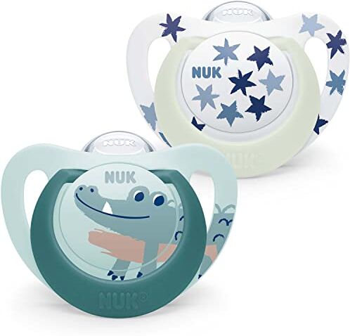 NUK Star night & day Ciuccio per neonati, 18-36 mesi, ciucci fosforescenti, silicone senza BPA, coccodrillo verde, 2 pezzi