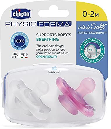 Chicco Physio Ciuccio Mini Soft "tutto silicone" – x2, rosa e neutro, 0-2 m