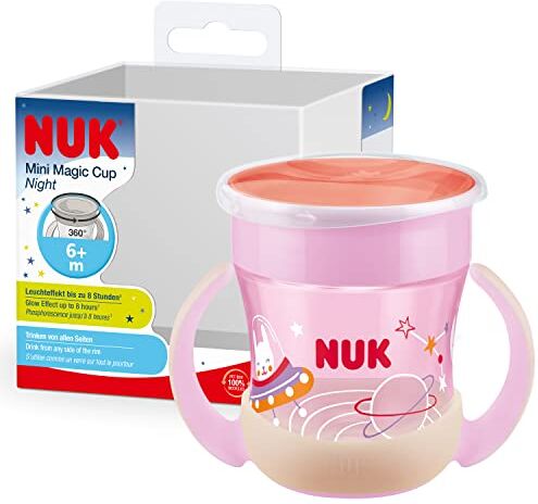 NUK Mini Magic Cup Night Bicchiere salvagoccia   Bordo 360° anti-rovesciamento   6+ mesi   Si illuminano al buio   Impugnatura facile   Privo di BPA   160 ml   rosa