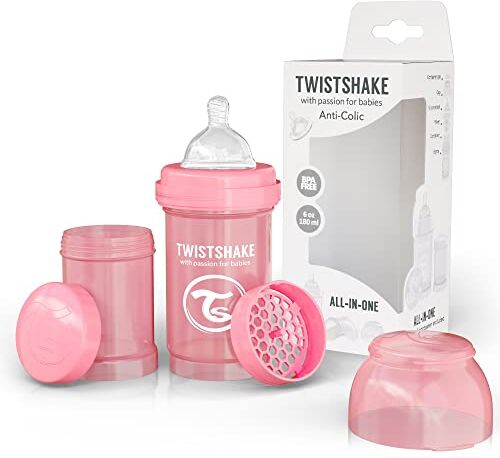 Twistshake Biberon Anti-Colica con Contenitore per Latte in Polvere e Miscelatore 180ml   Capezzolo Simile al Seno in Silicone a Flusso Medio   Bottiglia di Latte Senza BPA   (0+)   Rosa Chiaro