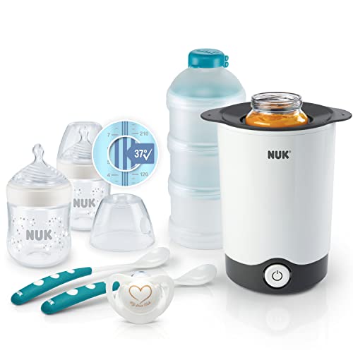 NUK Nature Sense Starter Set svezzamento 2 bottiglie anti-coliche (150ml, 0-6m), Succhietto Genius, Scalda biberon Thermo Express, 2 cucchiaini, Dispenser latte in polvere, 7 pezzi