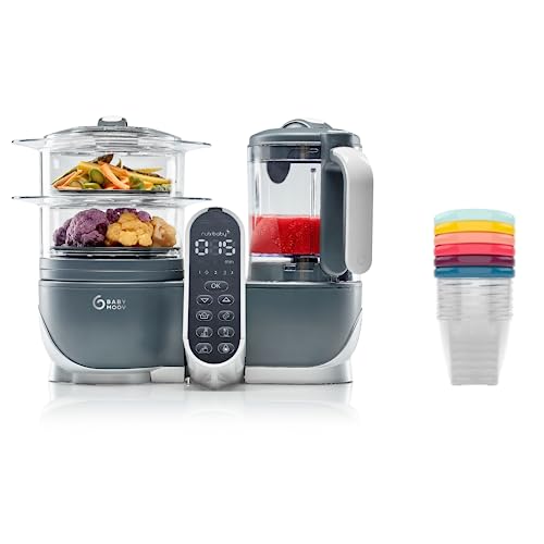 Babymoov Nutribaby+, Cuocipappa Multifunzione 6 in 1 Grigio + Babybols Set Da Sei Vasetti 250 Ml, Cuocivapore, Frullatore, Grande Capacità per i Bambini, Fino a 10 Pasti Preparati Contemporaneamente