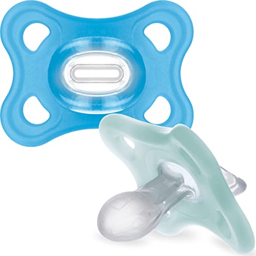 MAM Comfort Succhietti in silicone 2-6 mesi, misura 2 (confezione da 2), leggeri succhietti per neonati, con custodia autosterilizzante, grigio/blu (i disegni possono variare),