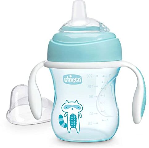 Chicco Transition Cup Bicchiere Antigoccia per Bambini 200ml, 1 Tazza Biberon 4+ Mesi per Imparare a Bere, con Beccuccio Ergonomico in Silicone, Doppia Valvola Anticolica, senza BPA Azzurro