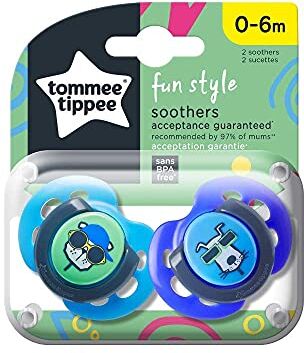 Tommee Tippee Fun Style Soothers, Symmetrical Orthodontic Design, BPA-Free Silicone, 0-6m, Pack of 2 Dummies, Colours May Vary