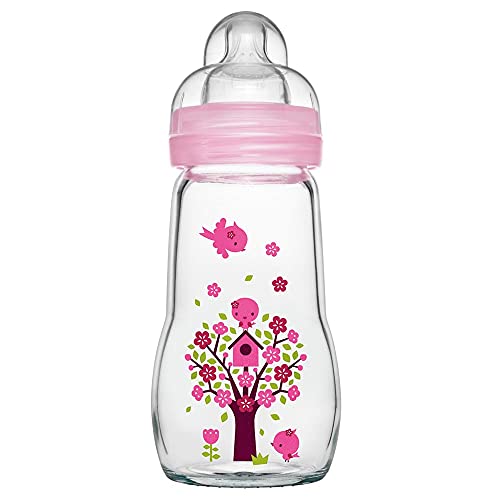 MAM Feel Good Bottiglia di vetro da 260 ml, confezione da 1 (1 x 260 ml), con tettarelle  a flusso medio, taglia 2, essenziali per neonati, biberon  per 2+ mesi, rosa