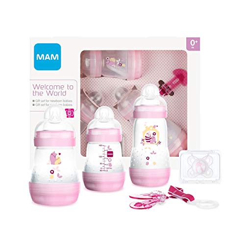 MAM Set de Recién Nacido, Set Regalo, Incluye: 2 Biberones Anticólico de 160ml, 1 Biberón Anticólico de 260ml, 1 Chupete Original Start, 1 Broche para Chupetes, a partir de 0 meses, Rosa