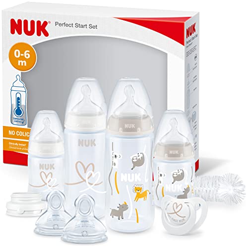 NUK Perfect Start First Choice+ set biberon, 0-6 mesi, 4 bottiglie con controllo della temperatura, succhietto, spazzola per biberon, Senza BPA, safari, 10 Unità (Confezione da 1)