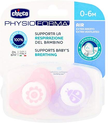 Chicco Succhietto Physio Air In Silicone, Ciuccio Per Bimba, 0-6 Mesi, Modelli Assortiti – Istruzioni In Lingua Straniera, 2 Unità (Confezione da 1)