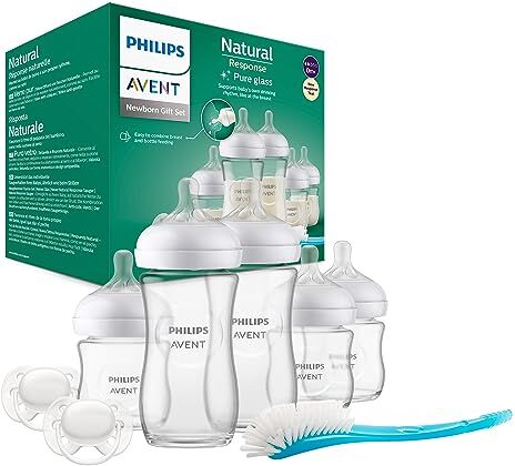 Philips Avent Natural Response set regalo in vetro con 3 biberon da 120 ml e 2 da 240 ml, 2 ciucci  Avent ultra soft 0-6 mesi, spazzola per biberon, senza BPA (modello )