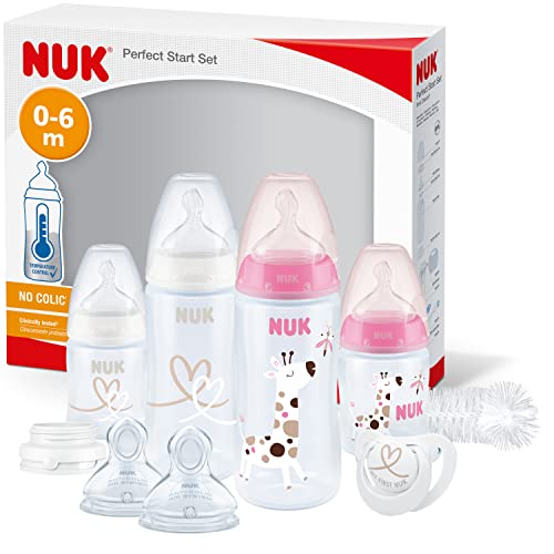 NUK Perfect Start First Choice+ set biberon   0-6 mesi   4 bottiglie con controllo della temperatura, succhietto, spazzola per biberon   Senza BPA   Giraffa (rosa)   10 pezzi