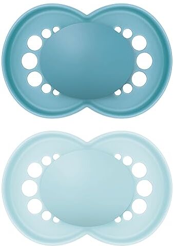 MAM Ciuccio originale in set da 2 pezzi, adatto ai denti, realizzato con materiali sostenibili e rinnovabili, tettarella in silicone  SkinSoft, con scatola per ciuccio, 6-16 mesi, blu/azzurro