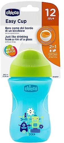 Chicco Easy Cup Bicchiere Antigoccia per Bambini 266 ml, 1 Tazza Biberon 12+ Mesi per Imparare a Bere, con Beccuccio Ergonomico Resistente ai Morsi e Valvola Facili Sorsi, senza BPA Verde o Blu