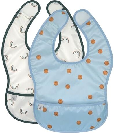 LÄSSIG Bavaglino per bambini Set di Bavaglini per bambini piccoli (2 pezzi) velcro tasca raccogli alimenti/Lightweight Bib Happy Rascals Smile sky blue