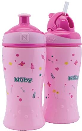 Nuby 2 Pack di Bottiglie per bere antiproiettile con cannuccia flip-it 360ml + bottiglia pop-up tazza per bambini BPA-free Rosa 12+ 18+ mesi